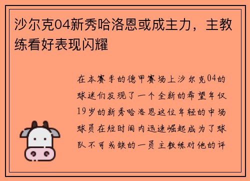 沙尔克04新秀哈洛恩或成主力，主教练看好表现闪耀